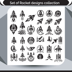 Diverse Rocket Designs Collection Modern Black and White Space Exploration and Technology Themed Set of Illustrations