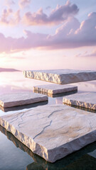 Abstract stone slabs floating over reflective water at sunset reflection