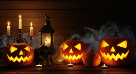 Halloween pumpkins candles and skull on wooden table