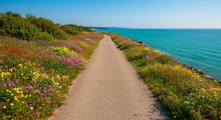 Fototapeta premium Coastal Path with Vibrant Wildflowers and Ocean View