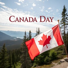 A Majestic Canada Day Celebration Canadian Flag Waves Proudly Against a Stunning Backdrop of Mountains and Lush Greenery on Sunny Day