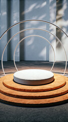 Circular podium display with layered steps and metallic arches image