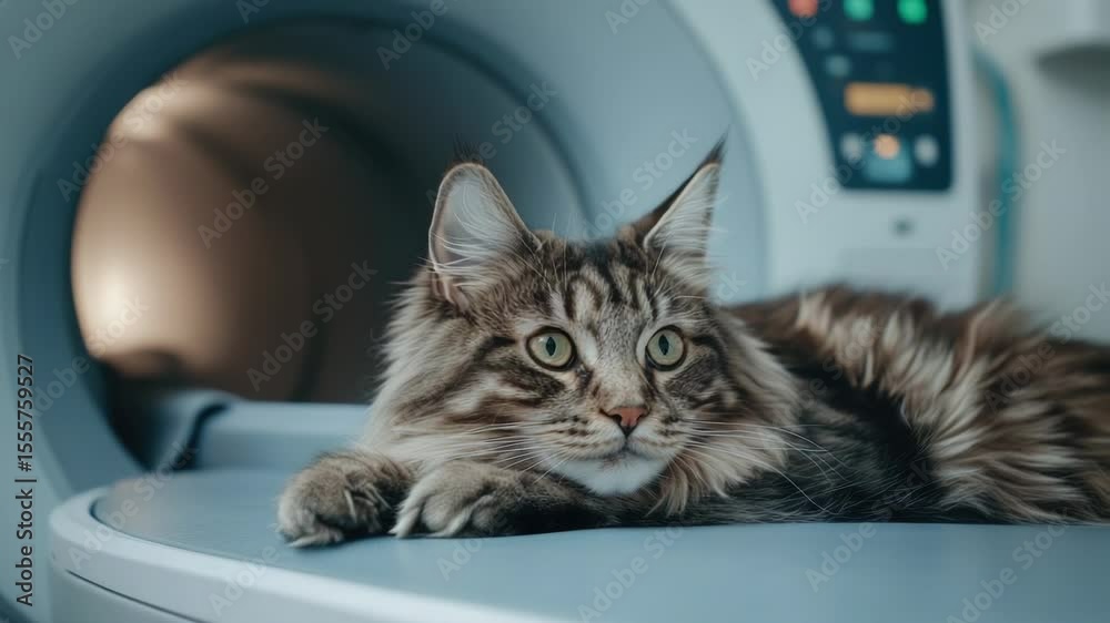 Poster a cat is resting on top of machinery in a room