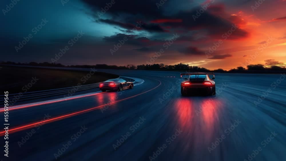 Poster a pair of vehicles making their way along the highway as the sun sets in the background