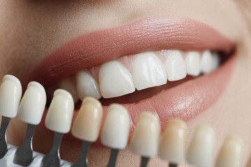 Close-up of a woman's teeth with color swatches for dental shade matching