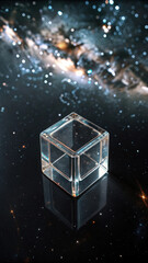 Clear cube floating cosmic nebula transparent glass
