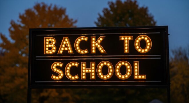 Back to school illuminated sign for educational promotions, back to learning campaigns. Perfect for school districts, university events or student services. Autumn. Dusk.