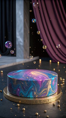 Cosmic podium with iridescent swirls and floating spheres image