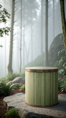 Cylindrical bamboo podium with wooden top in misty forest natural texture