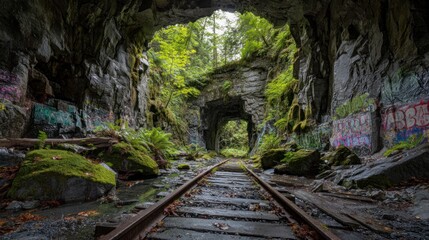 Abandoned tunnel railway track with greenery