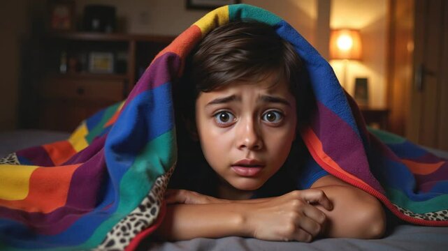 Young boy looking scared while hiding under blanket in bedroom at night  