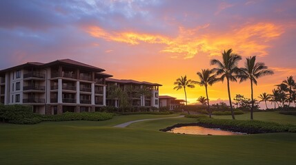Obraz premium Sunset over a tropical resort complex.