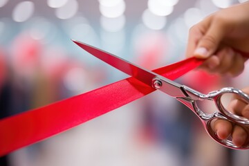 Hand with scissors cuts red ribbon at the opening of a new store