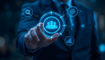 Ai generated image of businessman touching a futuristic interface showing a team icon and other businessrelated symbols