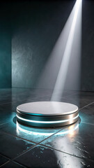 Futuristic glowing platform spotlighted stage
