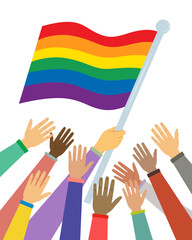 Hands Unite as one and rainbow Pride flag. Celebrates LGBT pride month. Illustration, Poster, Vector , Background or wallpaper. Illustration Vector Cartoon.