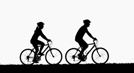 Fototapeta premium Silhouette of Two Cyclists Riding Bikes Outdoors