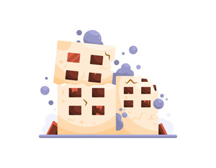 an illustration of a destroyed and smoking building. a building that is damaged, cracked and almost collapsed due to an explosion or earthquake. the impact of war. flat style design. asset elements