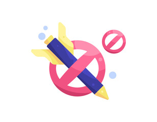 illustration of missile with prohibition sign. prohibition to shoot rocket. anti war or stop war concept. symbol of war rejection. weapon. flat style design. white background. element assets