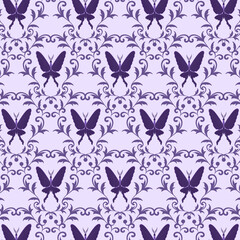 Stylized butterflies in an ornament.Vector seamless pattern with butterflies inside a beautiful ornament.