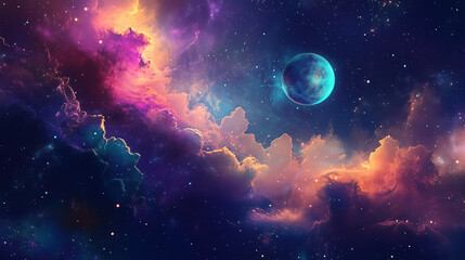 A celestial tapestry unfolds with vibrant nebulas, twinkling stars, and a serene, illuminated planet in a cosmic sky.
