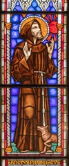 Selbstklebende Fototapeten PIACENZA, ITALY - MAY 20, 2025: The St. Francis of Assisi in the stained glass in church Basilica di San Francesco by Franz Xaver Zettler from year 1889. © Renáta Sedmáková