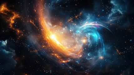 Majestic nebula swirls in cosmic expanse, a breathtaking galaxy with vivid blue and orange hues, perfect for space exploration themes.