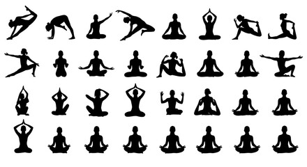 Collection of 36 Black Silhouettes of Women Practicing Diverse Yoga Poses
