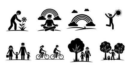 Collection of Eight Black Pictograms Depicting Happy Family Activities, Nature, and Well-being