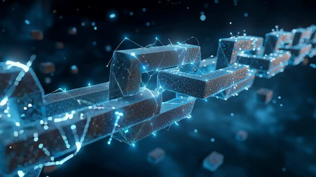 A chain of blue blocks with a blue chain link. The chain is broken and the blocks are scattered