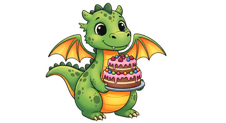 Cute Cartoon Dragon Holding Birthday Cake with Wings and Spots.