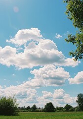 Obraz premium Bright Sunny Day Landscape with Fluffy White Clouds and Green Field