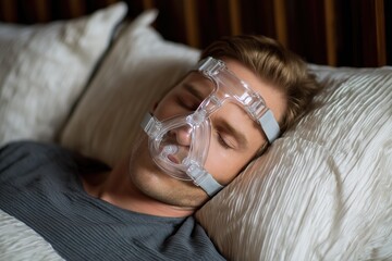 Man with a sleep apnea. Man sleeping in bed wearing CPAP mask