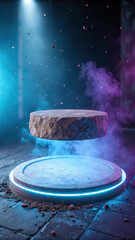 Levitating stone podium glowing blue and purple image