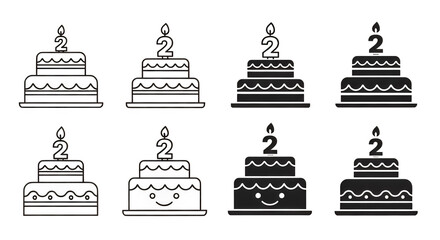 Outline illustrations of two-tiered birthday cakes.
