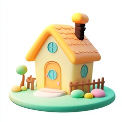 3D cartoon candy house icon with orange and pale blue colors, studio lighting on white background, ultra high definition isometric digital illustration