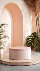 Minimalist pastel podium soft pink peach archway plants image