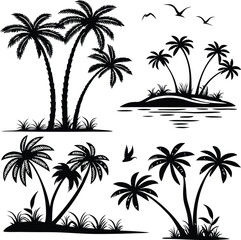 Obraz premium Tropical Island and Palm Tree Silhouettes Set – Beach Landscape with Birds Vector Illustration