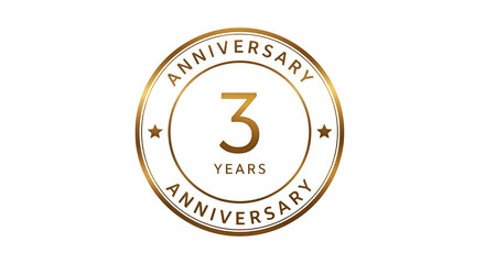 Golden 3 Years Anniversary Logo with Stars and Circular Frame on White.