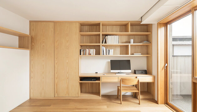 Modern minimalist home office with natural wood built in shelving and desk