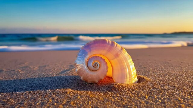 Beautiful seashell resting on sandy beach at sunset with gentle waves lapping nearby