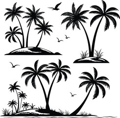 Fototapeta premium Tropical Island and Palm Tree Silhouettes Set – Beach Landscape with Birds Vector Illustration