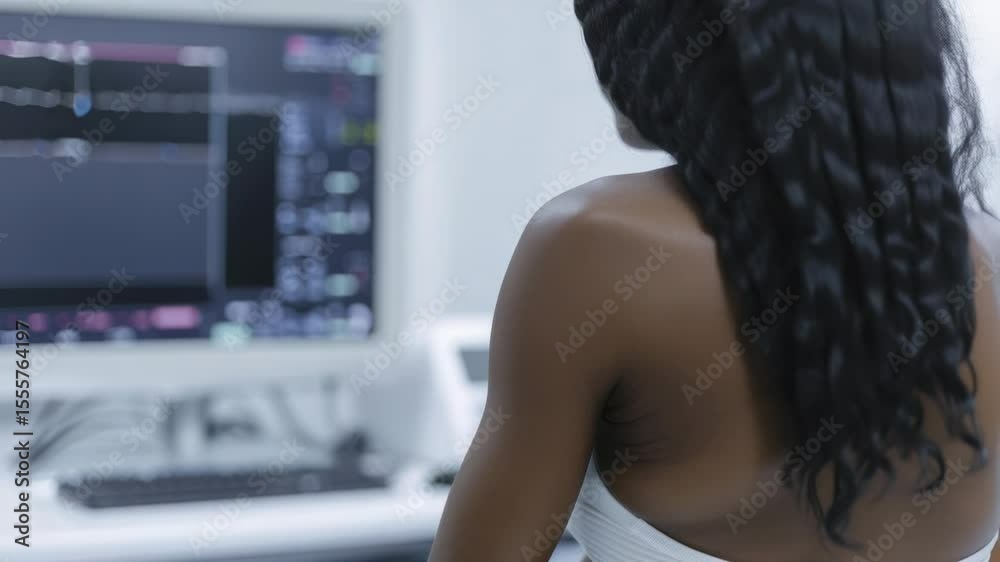 Poster a woman sitting in front of a computer screen, focused on the task