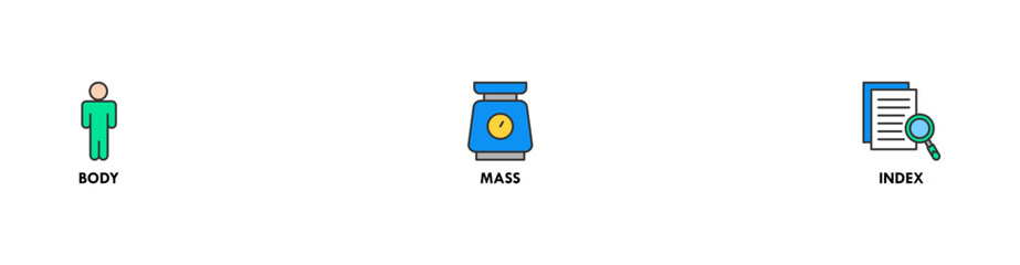 Banner of bmi web vector illustration concept with icons of body, mass, index