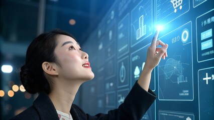 Asian Businesswoman Interacting with Futuristic Digital Screen: Technology and Data Management
