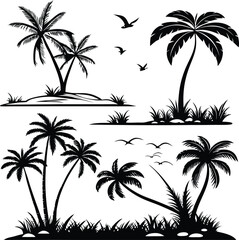Fototapeta premium Tropical Island and Palm Tree Silhouettes Set – Beach Landscape with Birds Vector Illustration