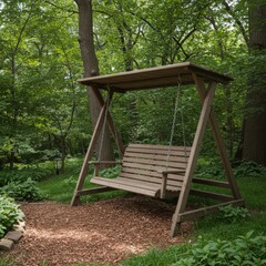Wooden Swing Under Trees in a Lush Garden