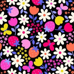 Cute flower, strawberry and butterfly seamless pattern design for spring season background.
