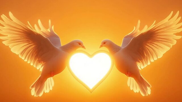 Two doves gracefully flying towards each other against a vibrant sunset, symbolizing love