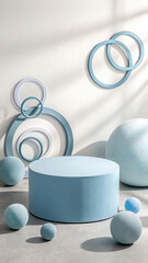 Pastel blue geometric display with spheres and rings image